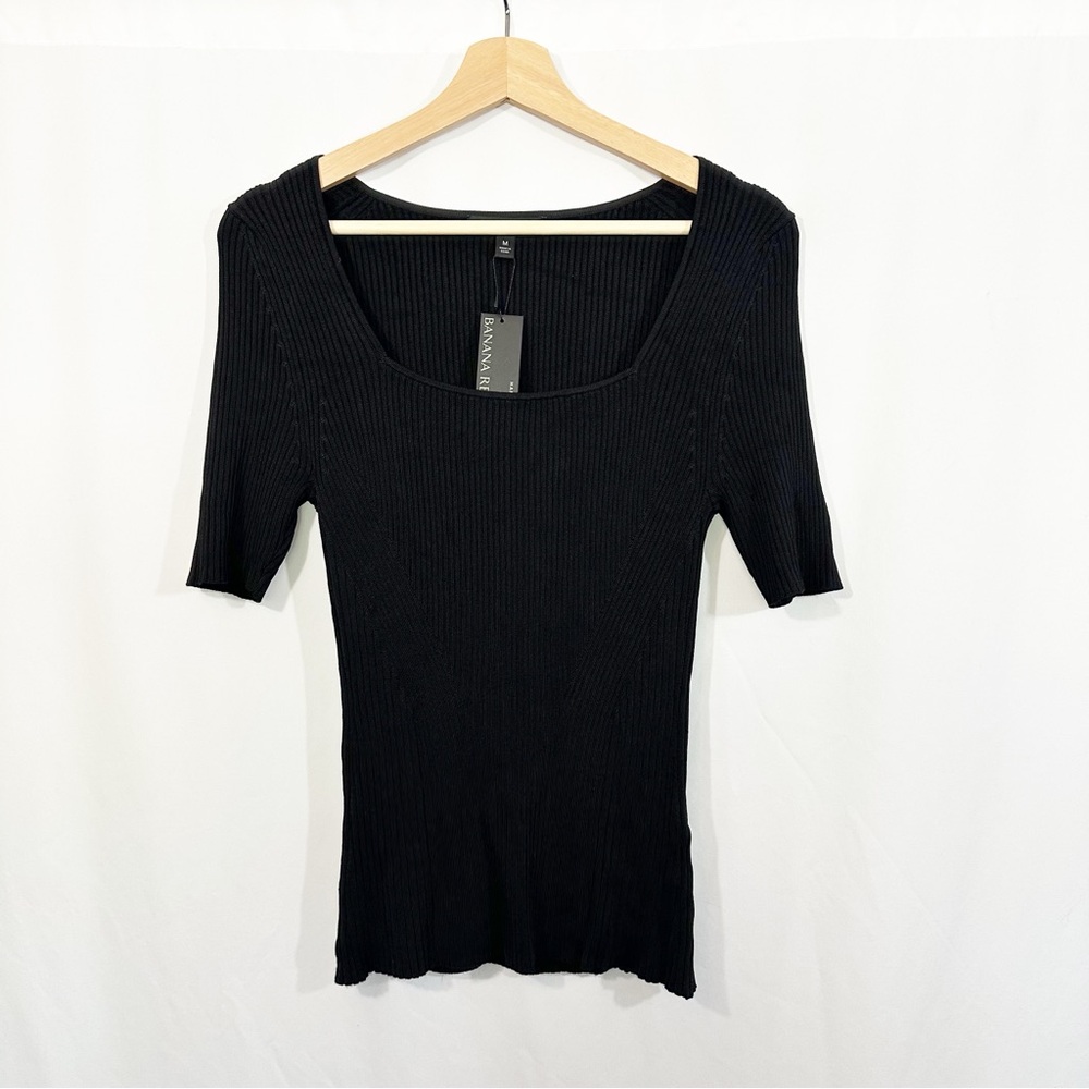 NWT Banana Republic Short Sleeve Ribbed Square Neck Top in Black